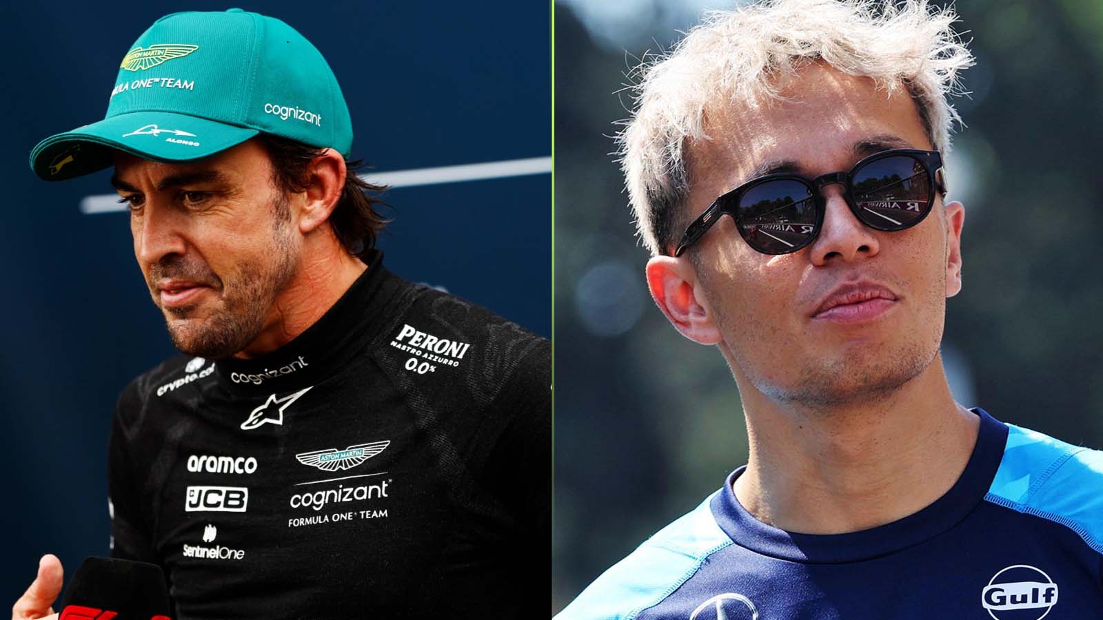 A split image of Fernando Alonso and Alex Albon. F1 news.