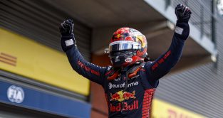 Red Bull Formula 2 driver Enzo Fittipaldi arms raised after winning the sprint race at Spa