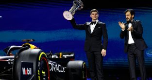 Red Bull's Max Verstappen lifts his 2022 crown.