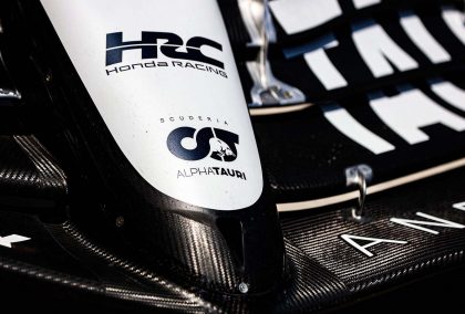 A close-up shot of the AlphaTauri nose cone.