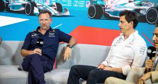 Christian Horner and Toto Wolff sit in the press conference in Miami.
