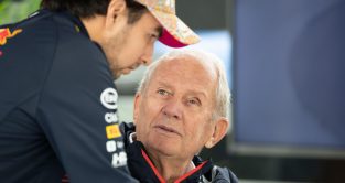 Helmut Marko in conversation with Red Bull F1 driver Sergio Perez at the Dutch Grand Prix.