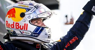 Max Verstappen (Red Bull) celebrates after setting pole position for the Dutch Grand Prix at Zandvoort.