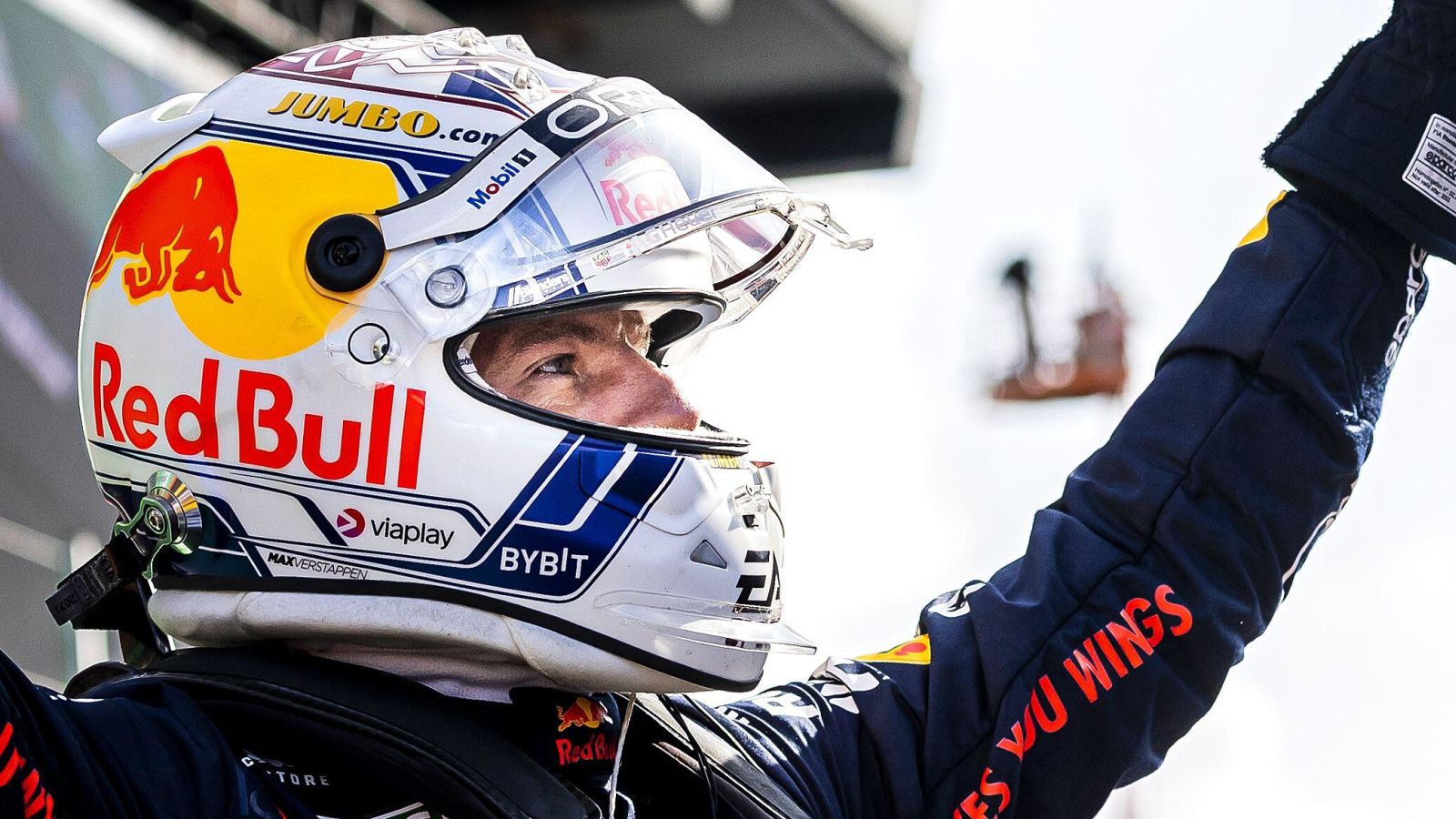米ax Verstappen (Red Bull) celebrates after setting pole position for the Dutch Grand Prix at Zandvoort.