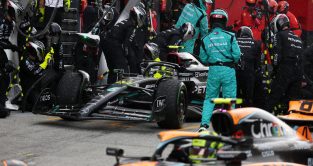 Lewis Hamilton, Mercedes F1 driver, makes a pitstop during the Dutch Grand Prix at Zandvoort.