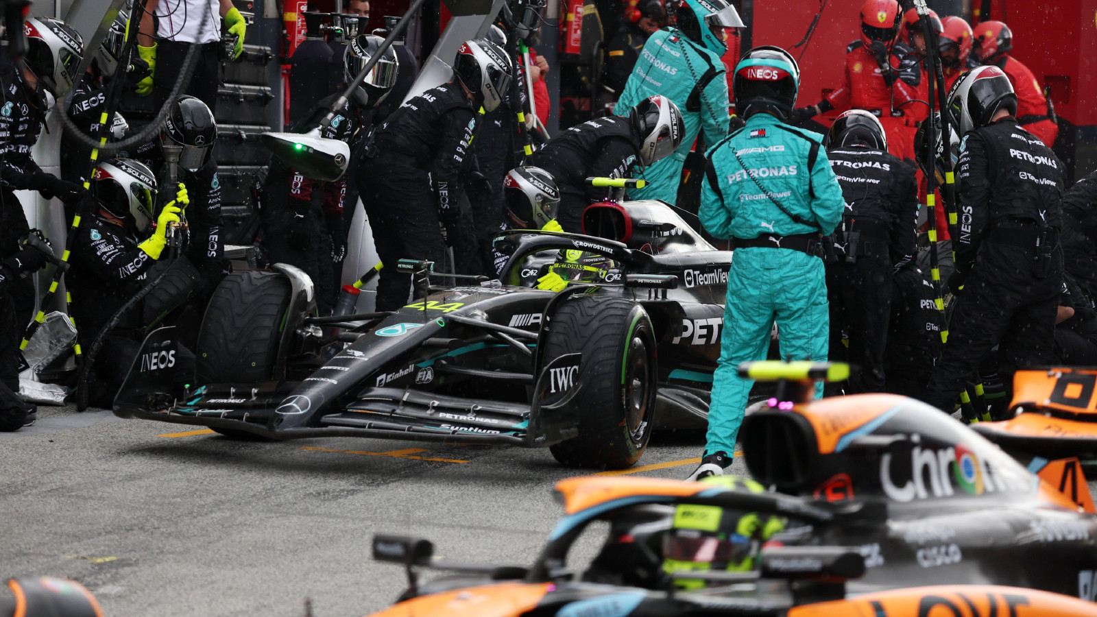 Lewis Hamilton, Mercedes F1 driver, makes a pitstop during the Dutch Grand Prix at Zandvoort.