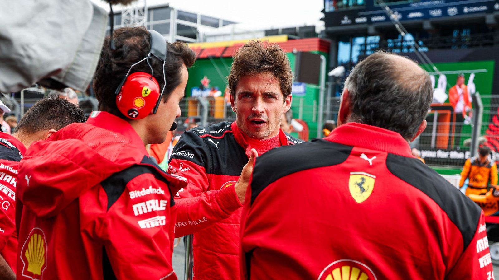 Ferrari driver Charles Leclerc speaking with team boss Fred Vasseur at the Dutch Grand Prix.