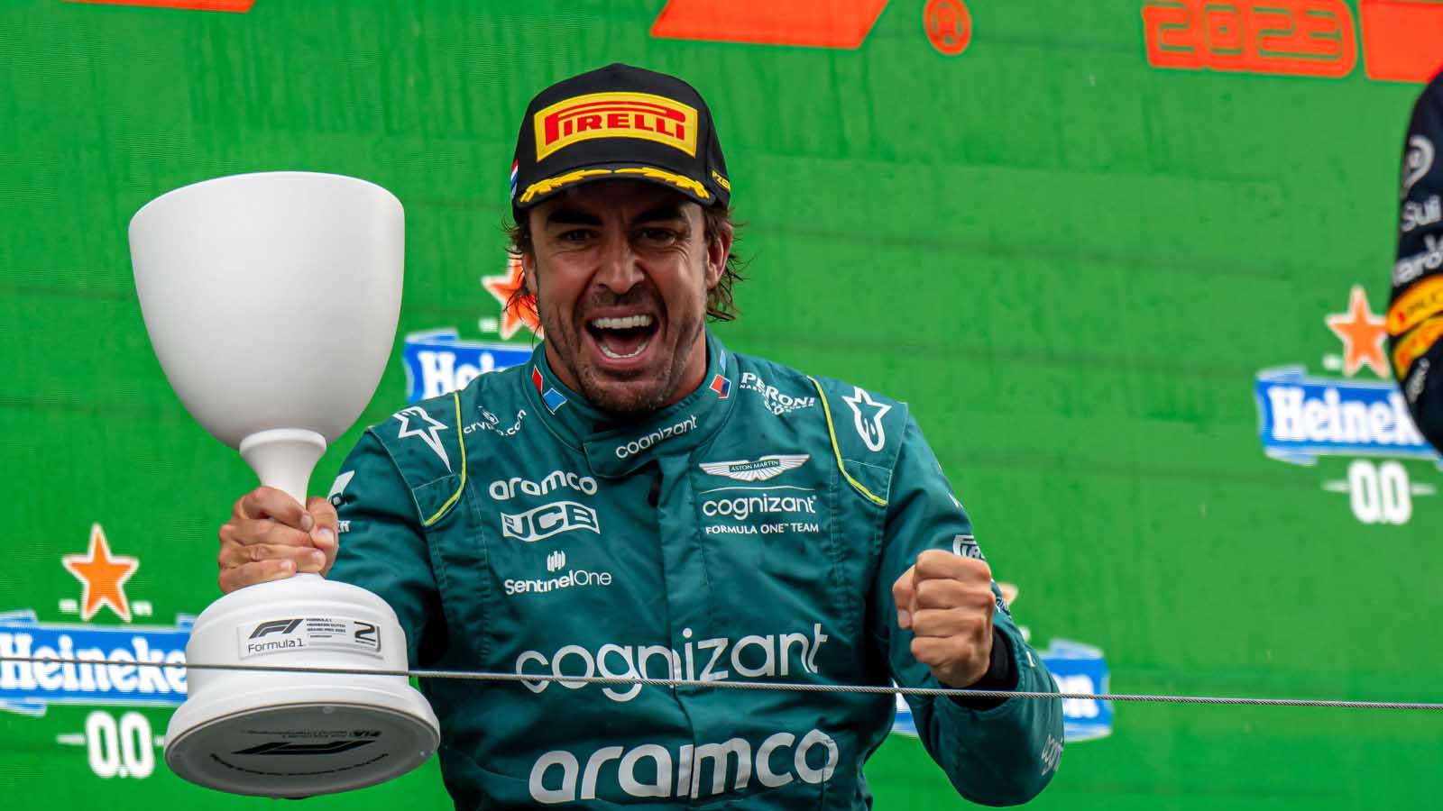 Fernando Alonso celebrates his podium at Zandvoort.
