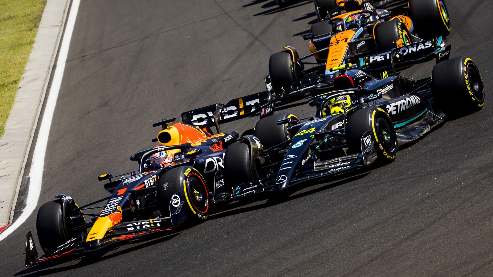 Max Verstappen leads Lewis Hamilton.