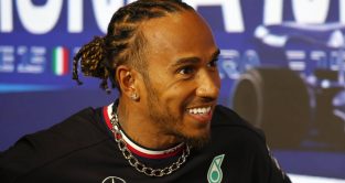 Lewis Hamilton, Mercedes, smiling. Italy, August 2023.
