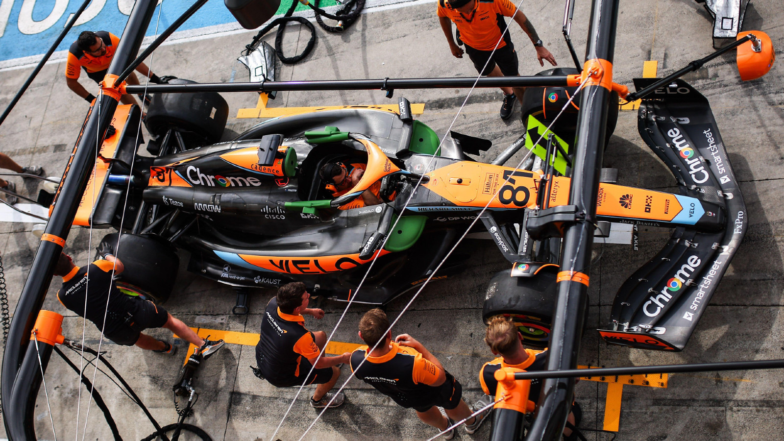 Oscar Piastri's car being worked on in the pits at Monza for the Italian Grand Prix.