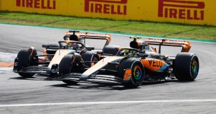 McLaren team-mates Lando Norris and Oscar Piastri close. Italy, September 2023.