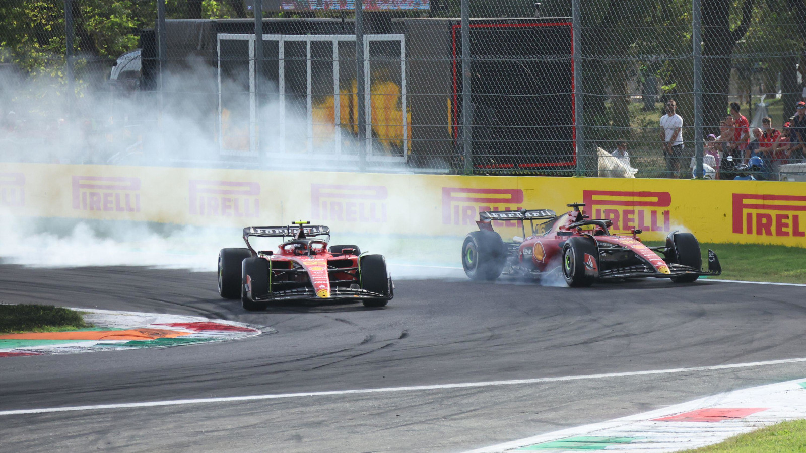 法拉利队友s Carlos Sainz and Charles Leclerc fighting for position at the Italian Grand Prix.
