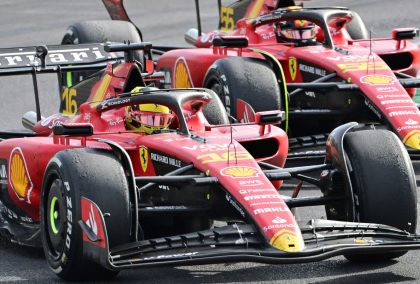 Ferrari driver Charles Leclerc edges ahead of Carlos Sainz as the battle for the podium at Monza.