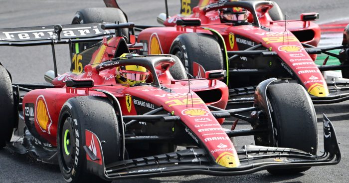 Ferrari driver Charles Leclerc edges ahead of Carlos Sainz as the battle for the podium at Monza.
