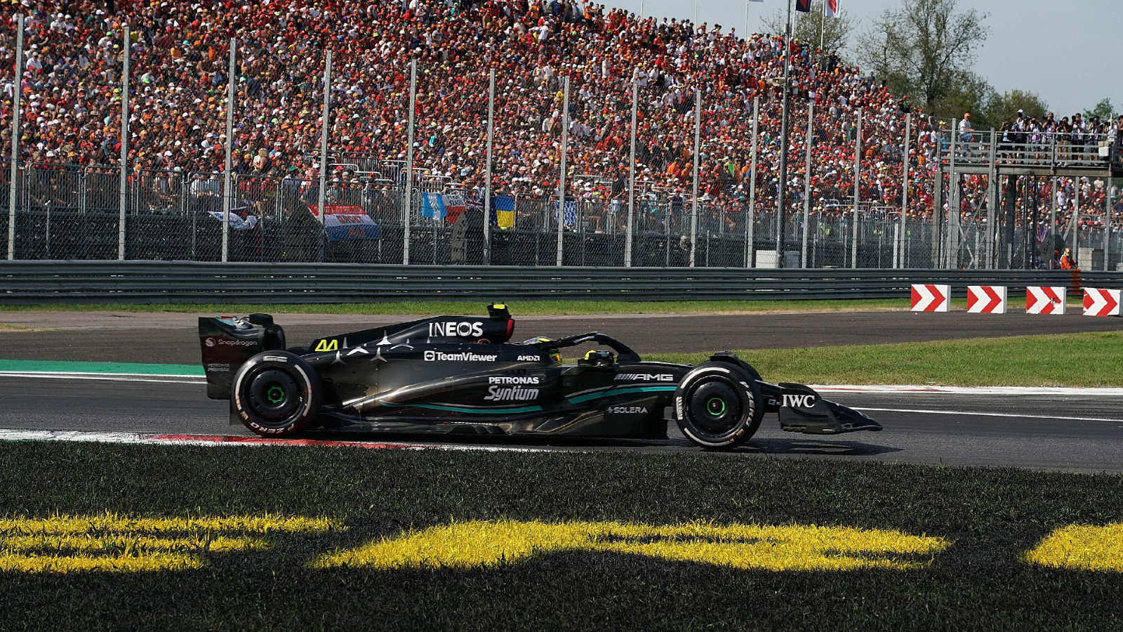 Monza: Lewis Hamilton drives his Mercedes through the first chicane at the Italian Grand Prix.