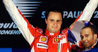2008年F1世界冠军刘易斯·汉密尔顿with runner-up Felipe Massa pictured on the podium at the Brazilian Grand Prix.