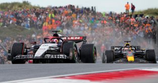 Zandvoort: Liam Lawson and Sergio Perez together on track at the Dutch Grand Prix.