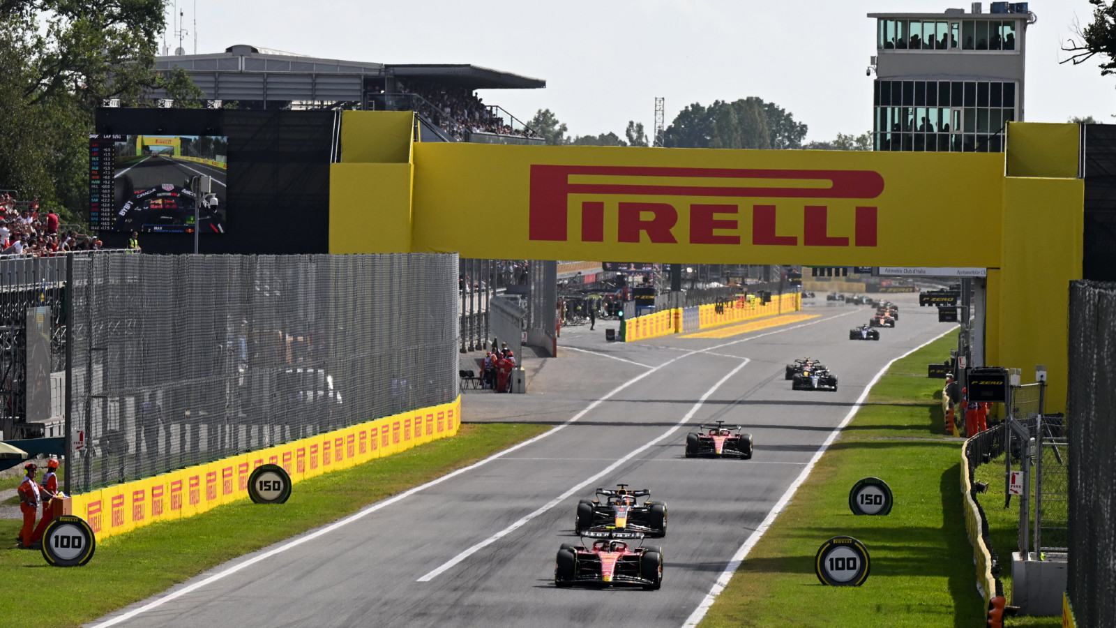 Ferrari's Carlos Sainz leads the Italian Grand Prix at Monza.