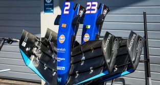Williams FW45 front wings on display in the pit lane at the Austrian Grand Prix.
