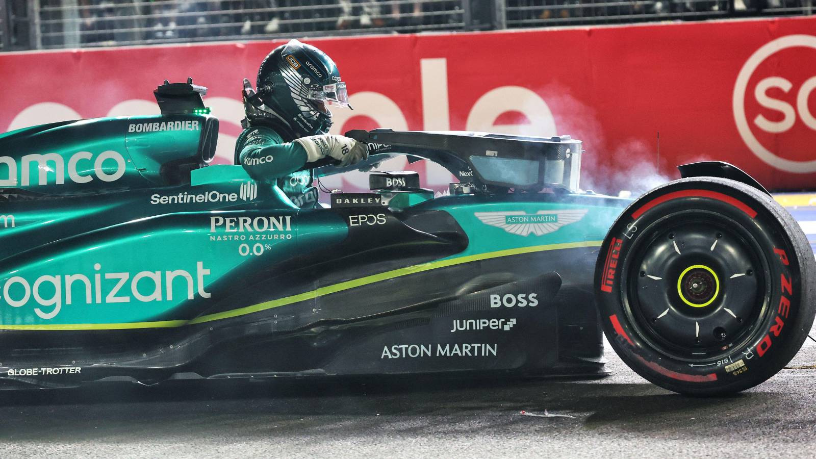 Lance Stroll exits the Aston Martin wreckage. Singapore, September 2023.