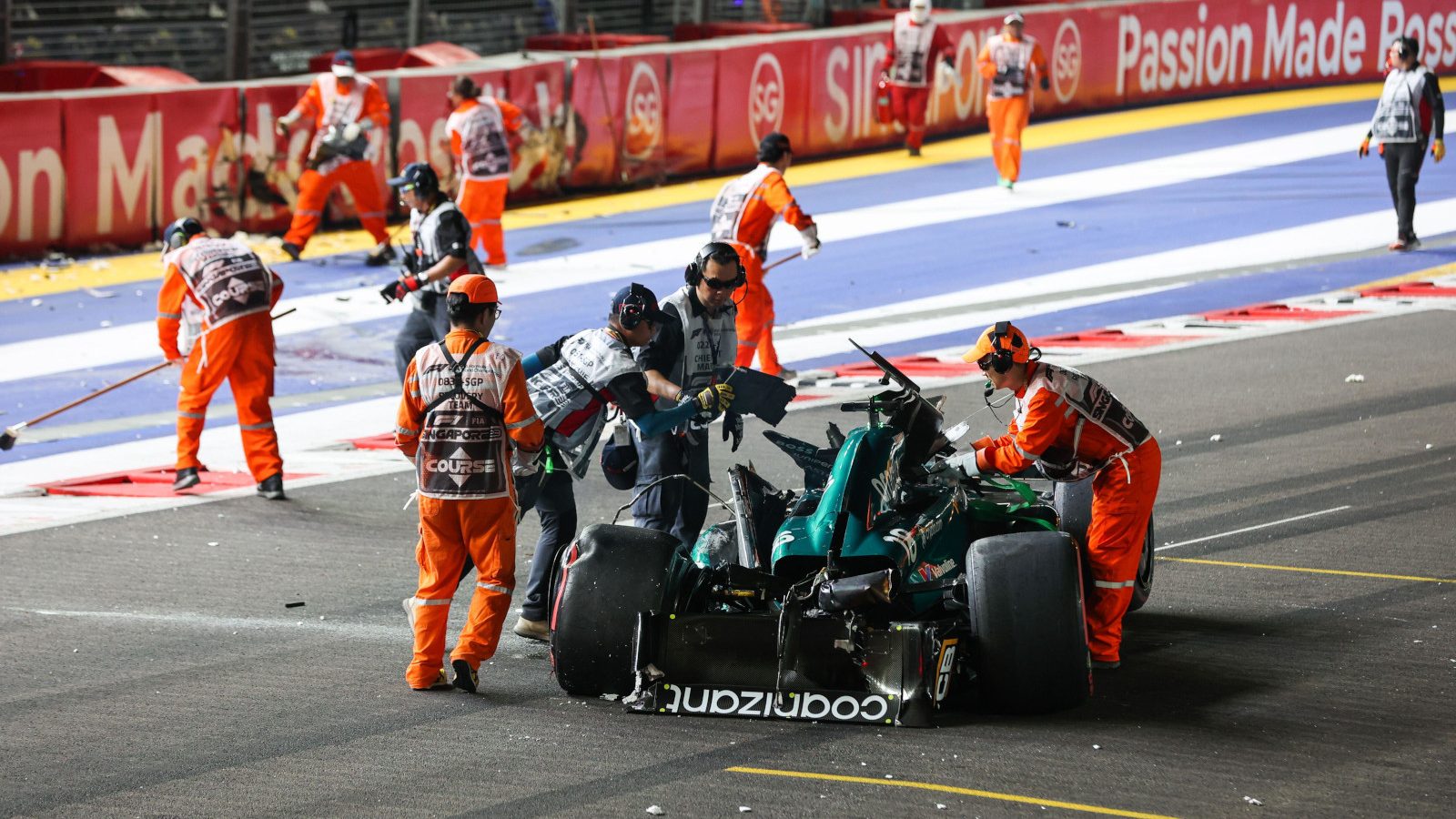 Lance Stroll's destroyed Aston Martin after his qualifying crash.