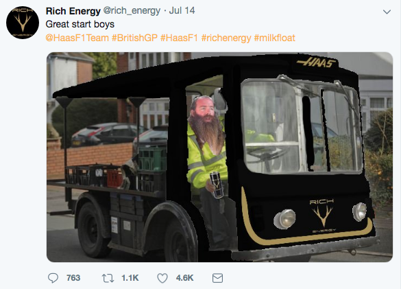 A Rich Energy tweet mocking Haas' F1 performance at the 2019 British Grand Prix.