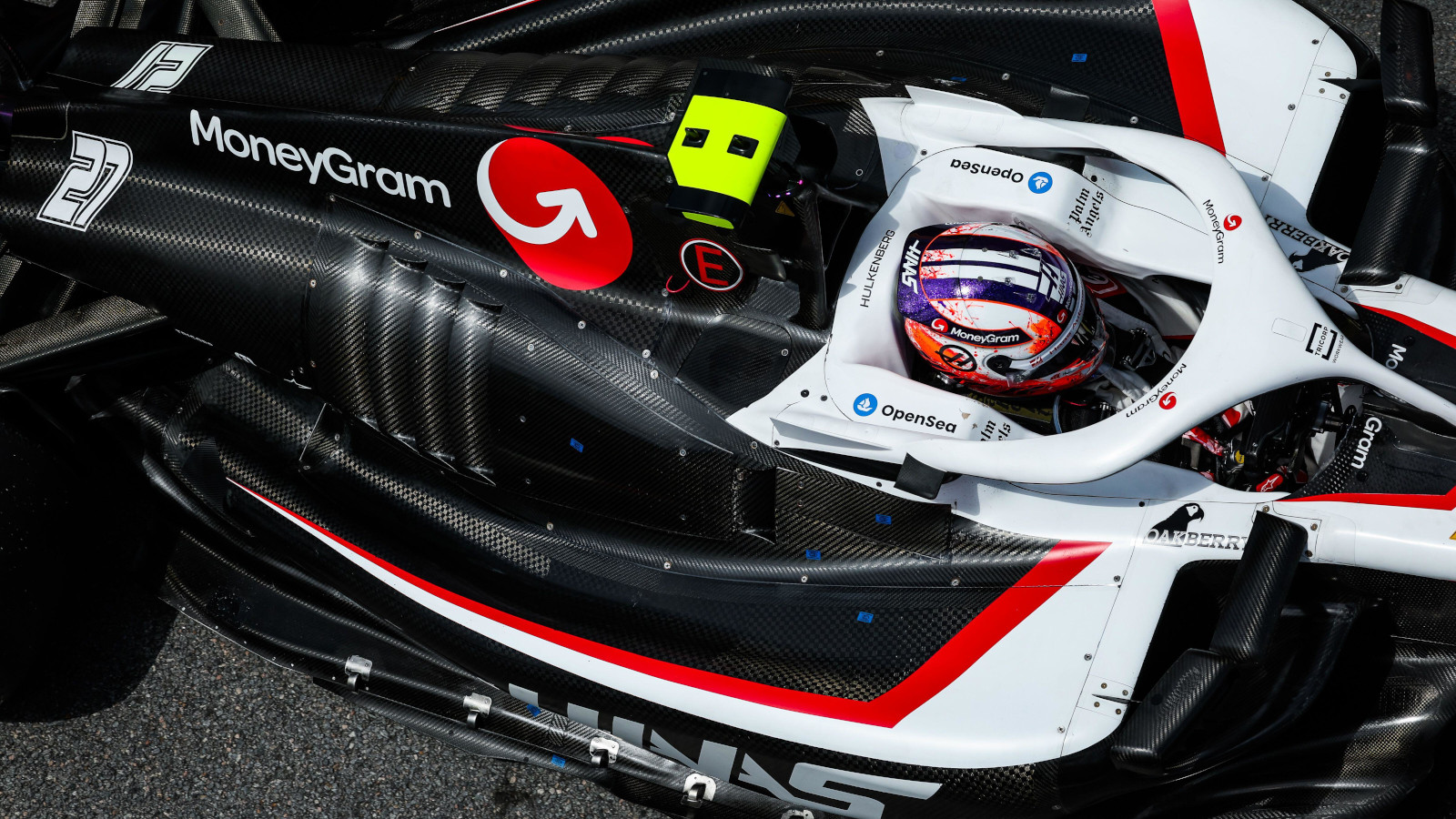 Haas driver Nico Hulkenberg aerial look at his VF-23 with its Red Bull styled sidepods.