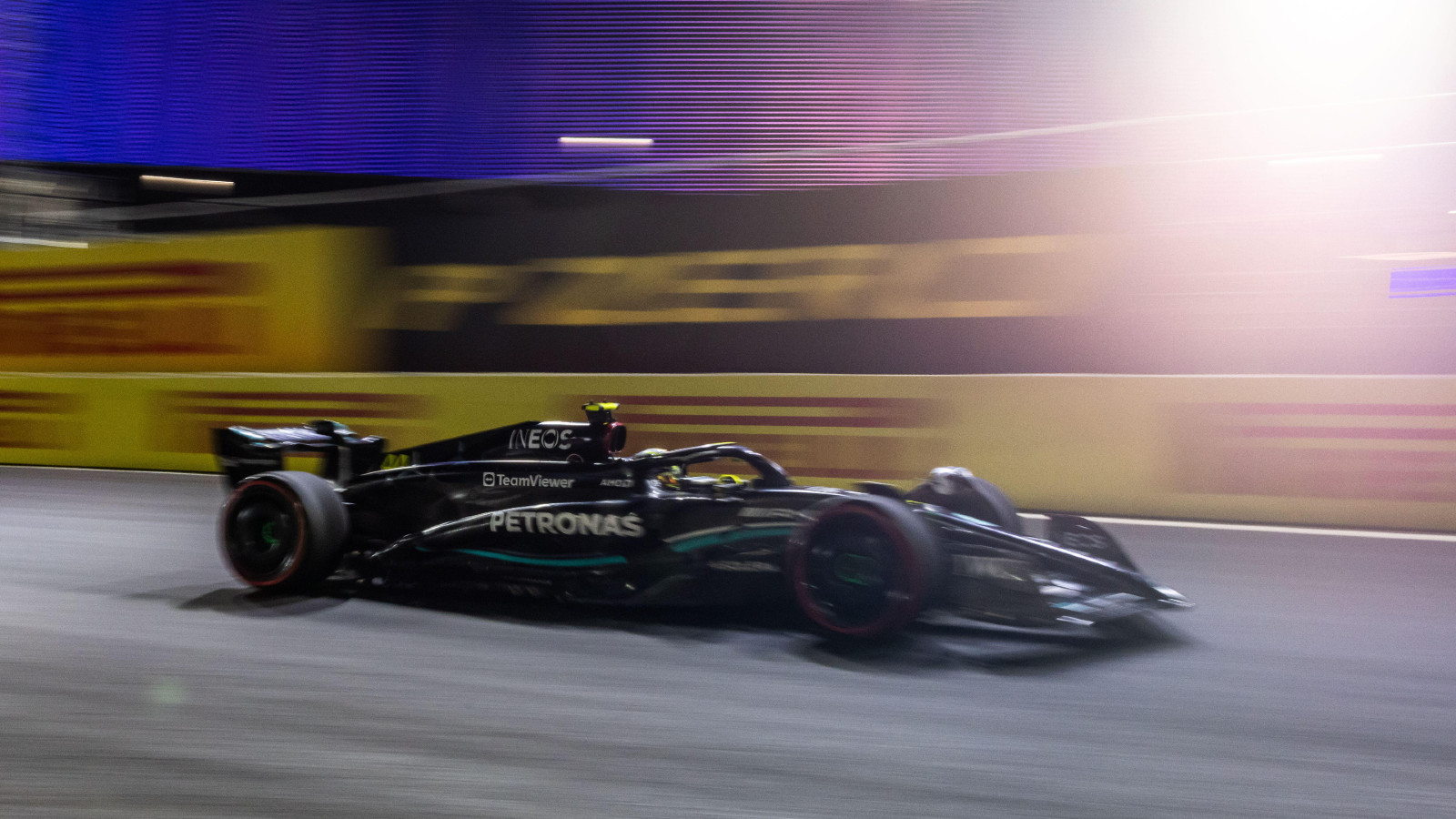 George Russell racing on track during the Las Vegas Grand Prix.
