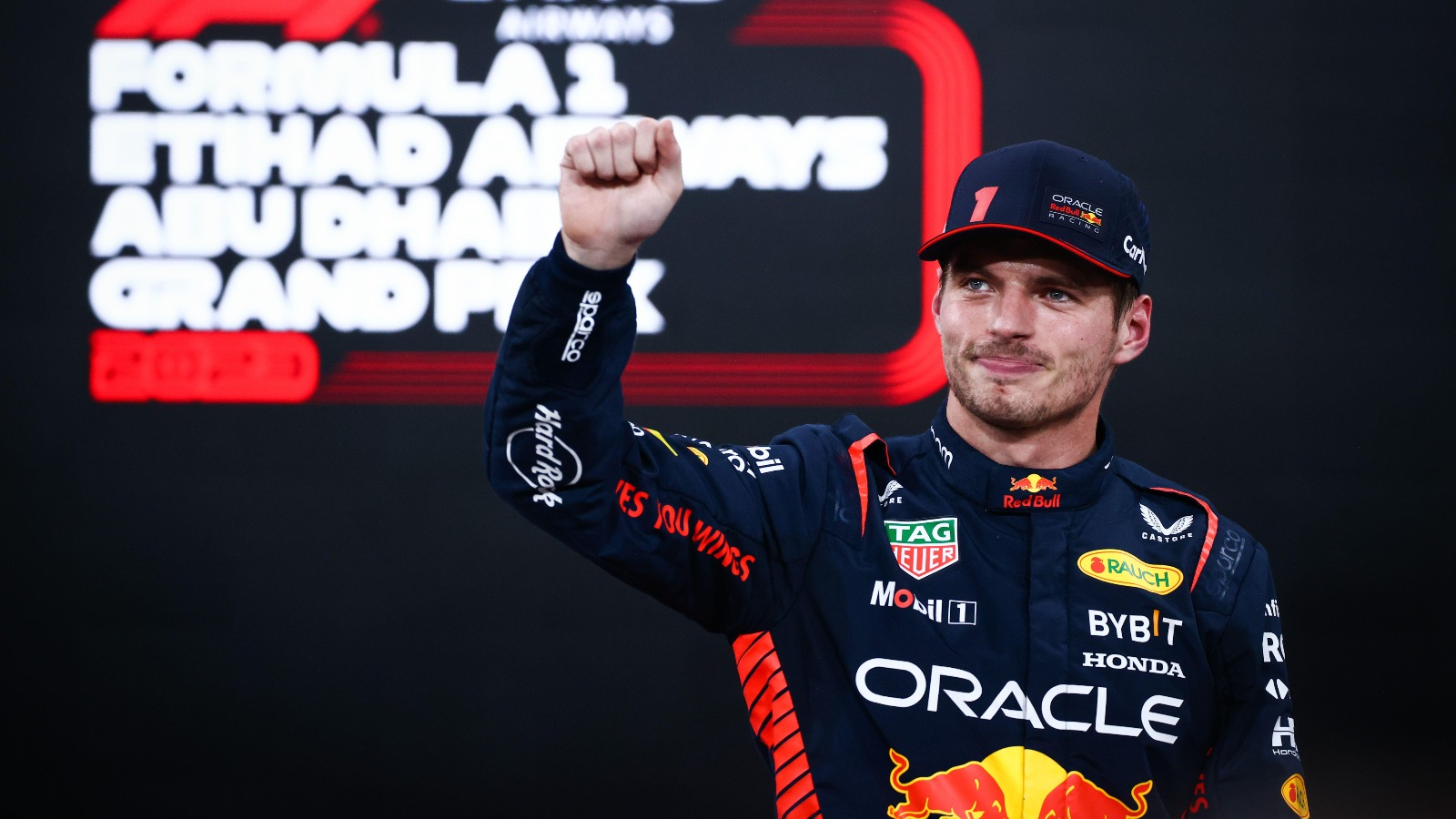 Max Verstappen celebrates taking pole.