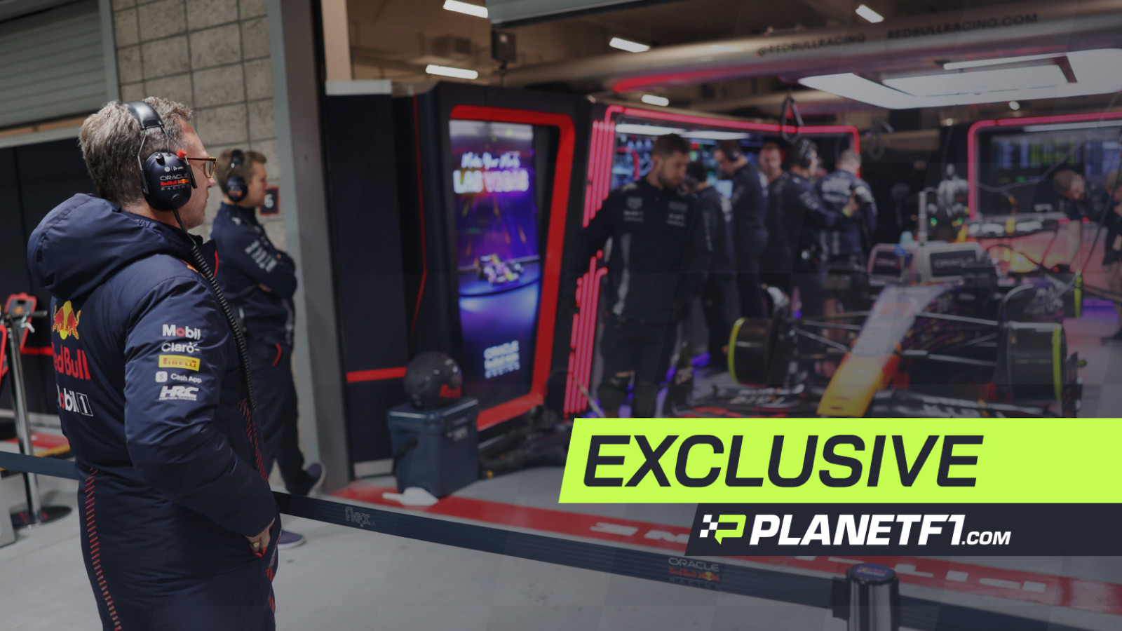 Christian Horner stands in front of the Red Bull garages at the Las Vegas Grand Prix.