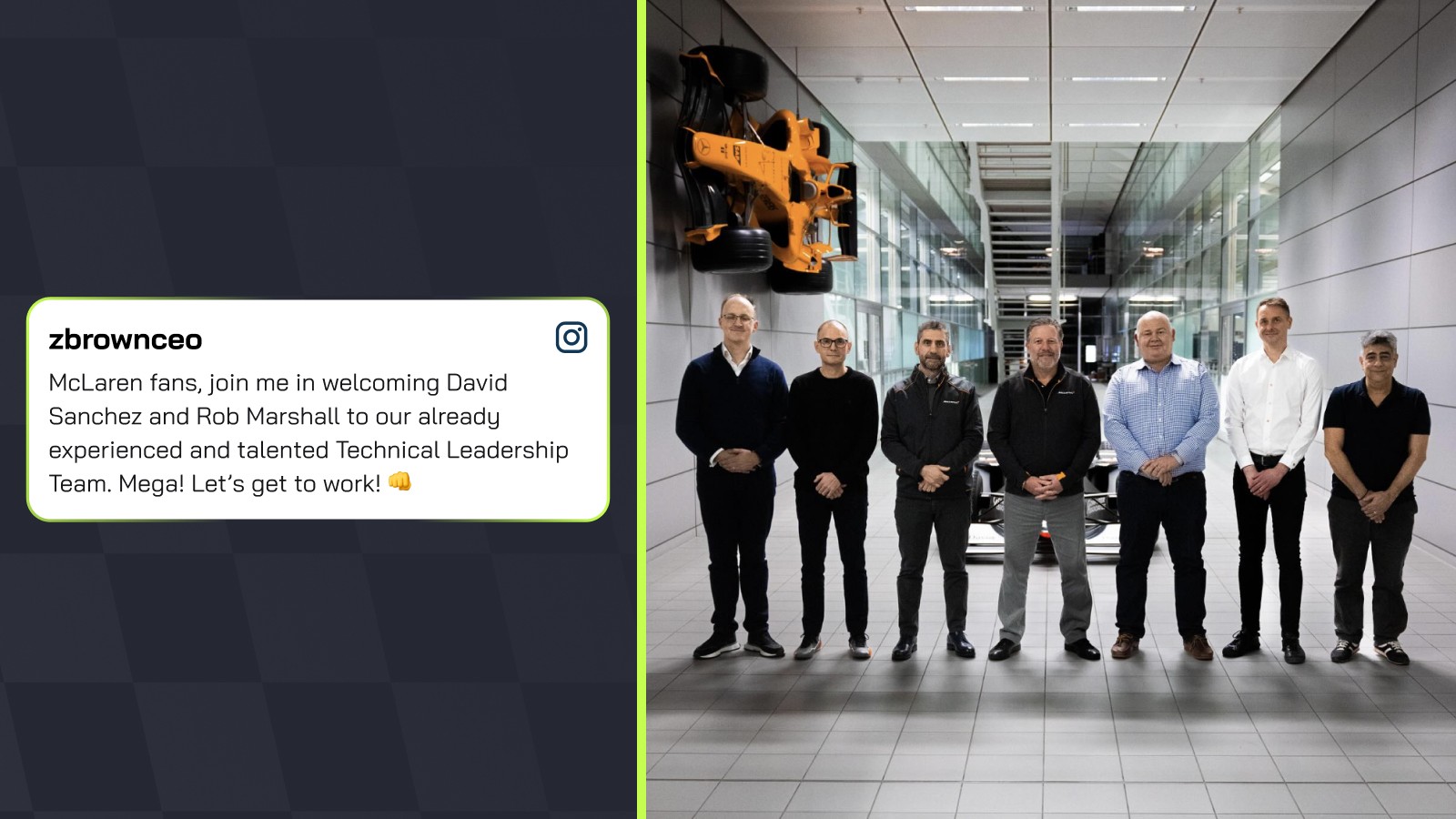 McLaren CEO Zak Brown at the centre of a new team photo including new recruits Rob Marshall and David Sanchez