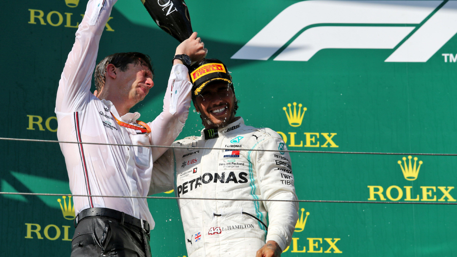 James Vowles, Lewis Hamilton, on the podium at the 2019 Hungarian Grand Prix.