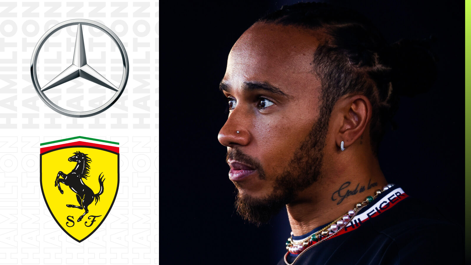 Lewis Hamilton looks emotional with prominent Mercedes and Ferrari badges alongside him.