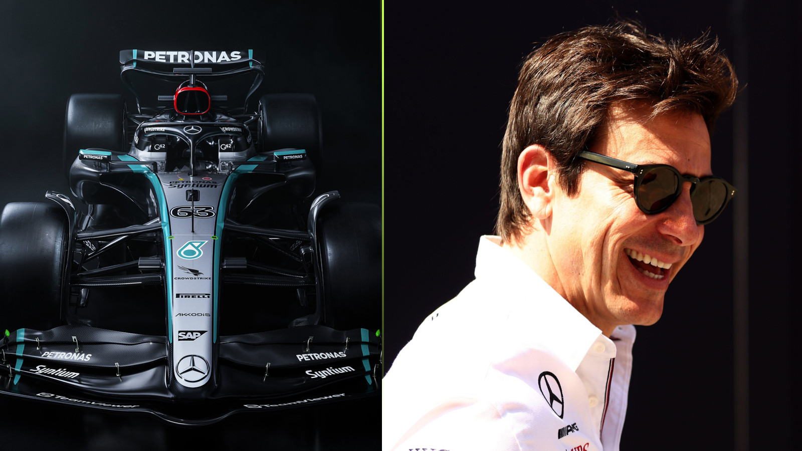 Toto Wolff pictured alongside the launch image of Mercedes 2024 F1 car, the W15.
