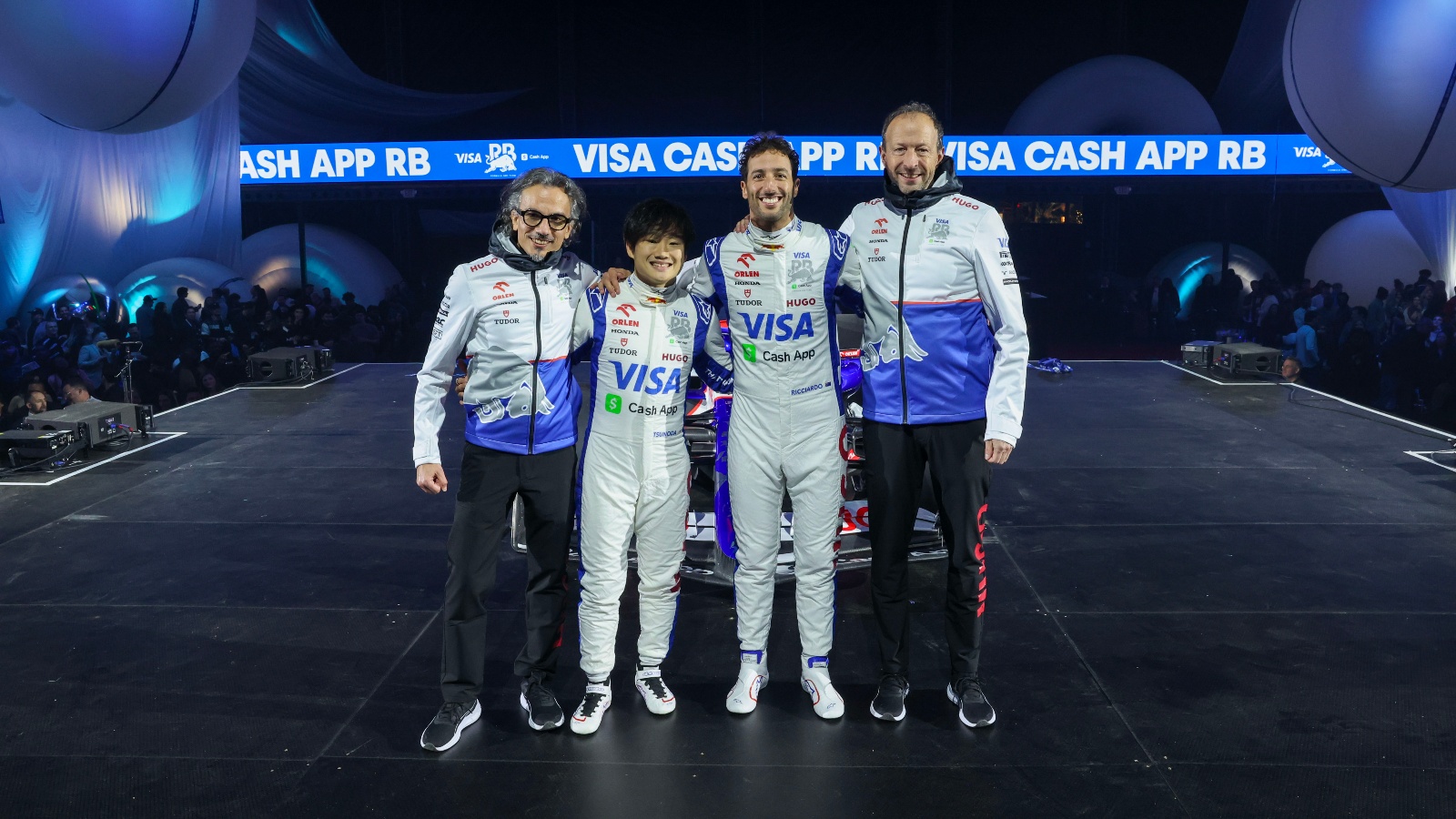 Laurent Mekies, Yuki Tsunoda, Daniel Ricciardo and Peter Bayer