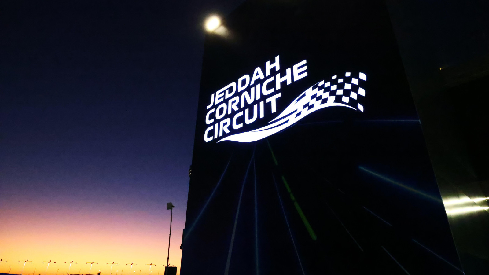 An illuminated sign for Jeddah at the 2023 Saudi Arabian Grand Prix.