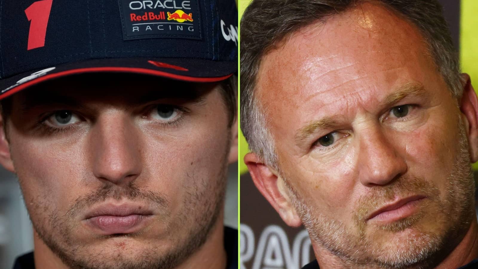 A split image featuring close ups of a menacing Max Verstappen and a worried Christian Horner