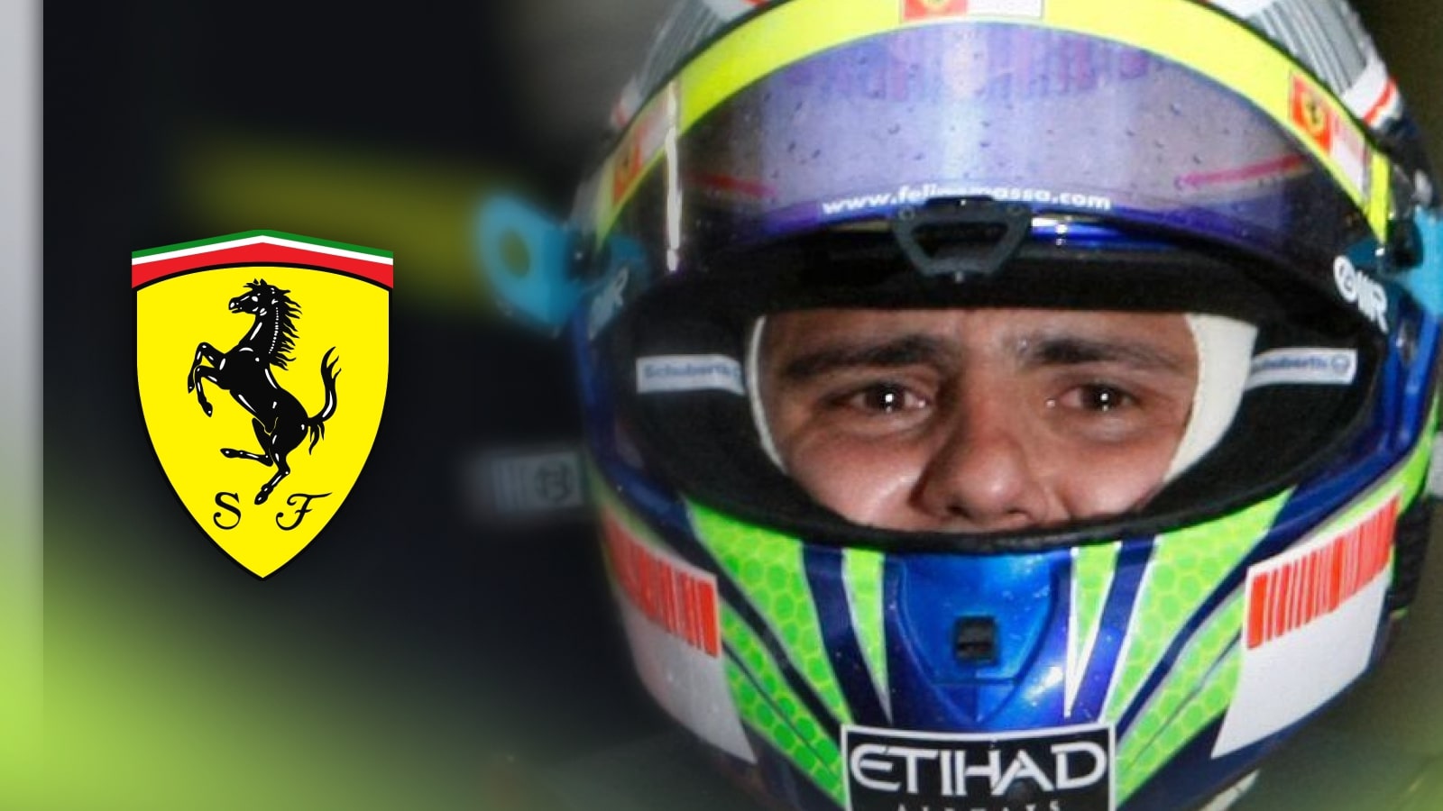Felipe Massa with tears in his eyes at the end of the 2008 Brazilian Grand Prix with a prominent Ferrari logo alongside him