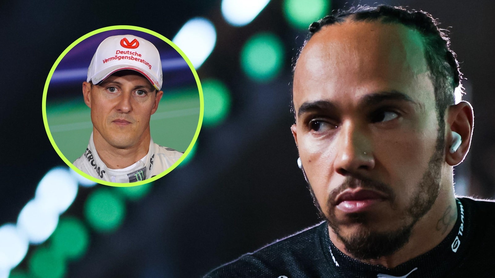 Lewis Hamilton looks tense with Michael Schumacher in a small circle alongside him