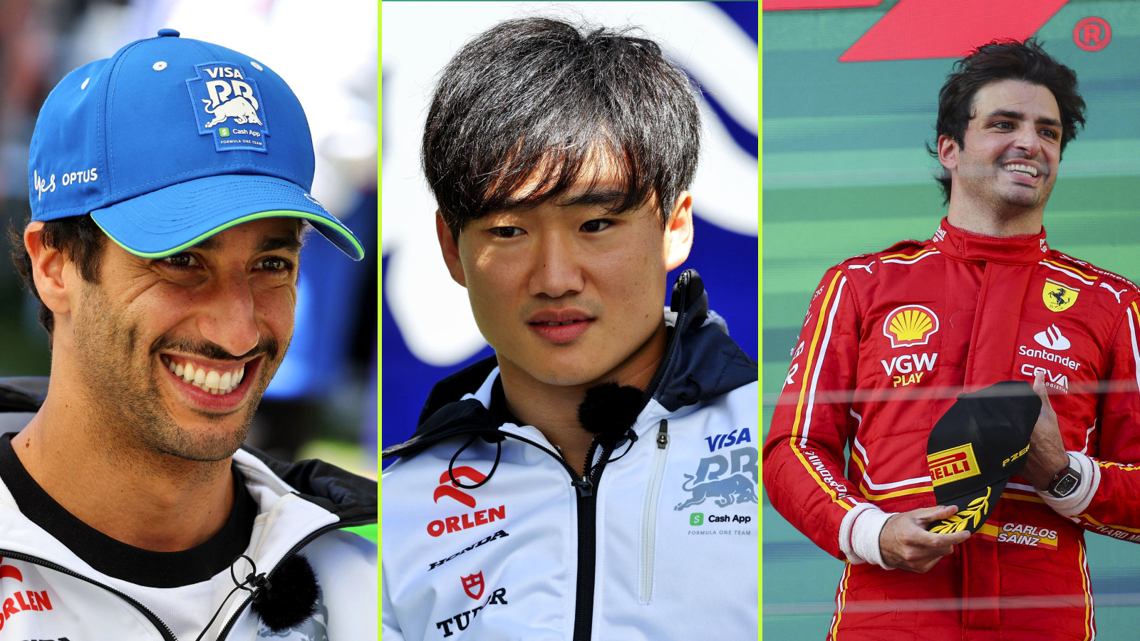 Daniel Ricciardo and Yuki Tsunoda, RB, alongside Ferrari's Carlos Sainz - 2024 Australian Grand Prix.