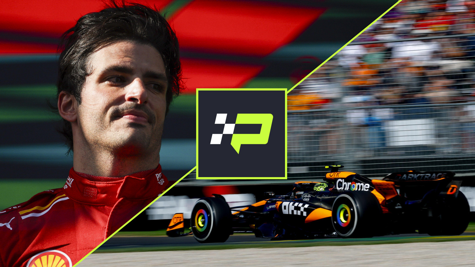 Carlos Sainz, Ferrari, on the podium, and McLaren's Lando Norris on track at the 2024 Australian Grand Prix.