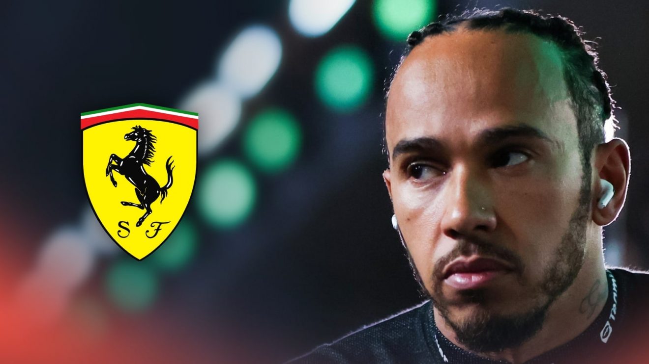 Lewis Hamilton looks focused with a prominent Ferrari logo alongside him