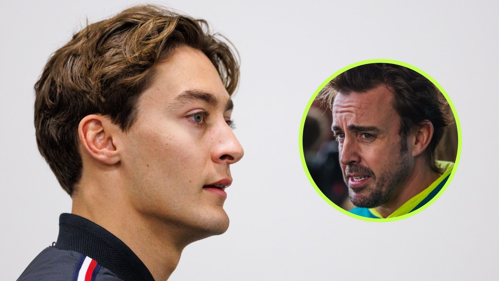 A side-profile shot of George Russell with an inset of Fernando Alonso