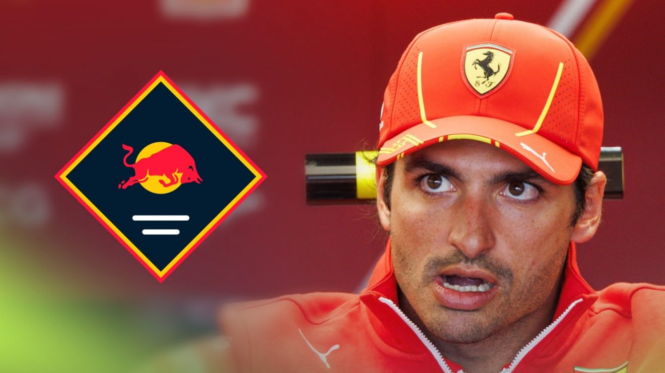Carlos Sainz with a Red Bull logo alongside him