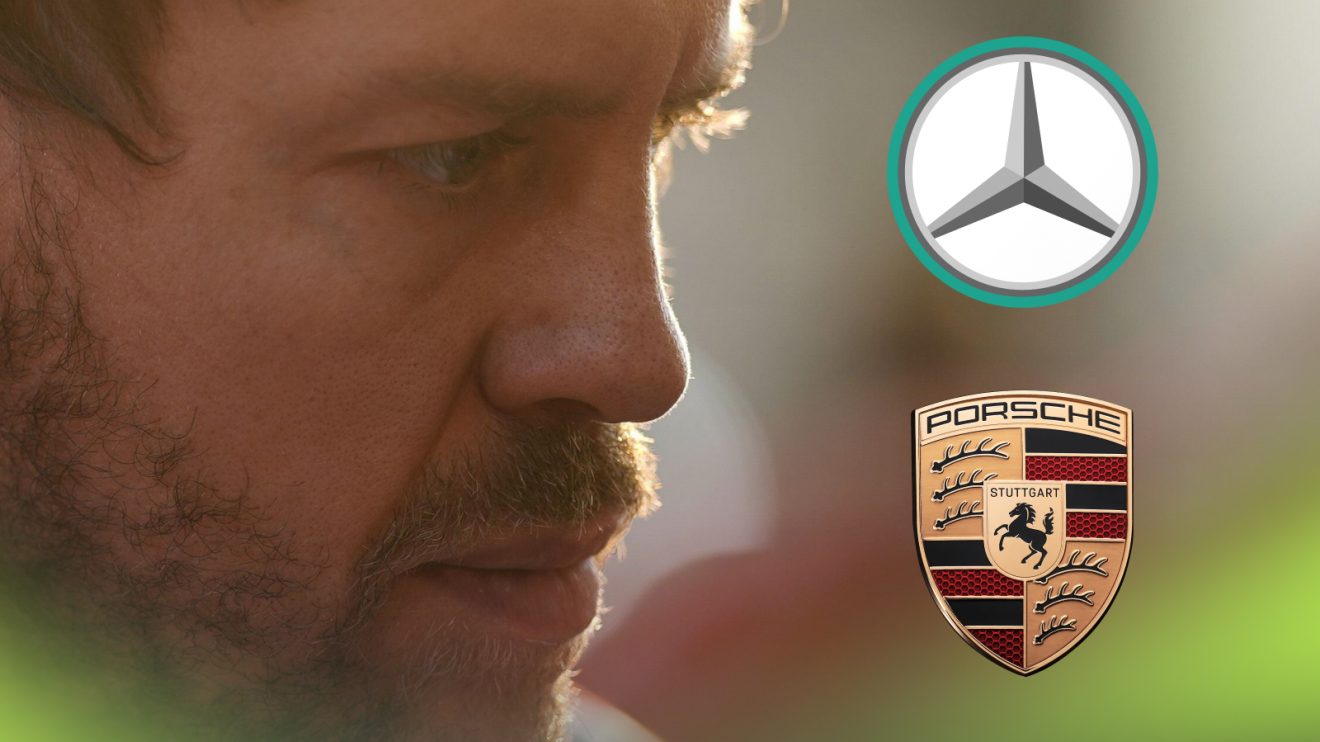 A close-up shot of Sebastian Vettel with prominent logos of Mercedes and Porsche alongside him