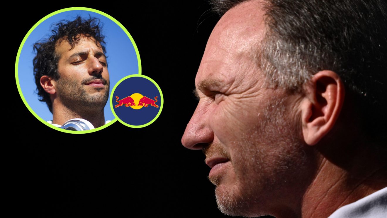 A side-profile shot of Christian Horner with insets of Daniel Ricciardo and a Red Bull logo