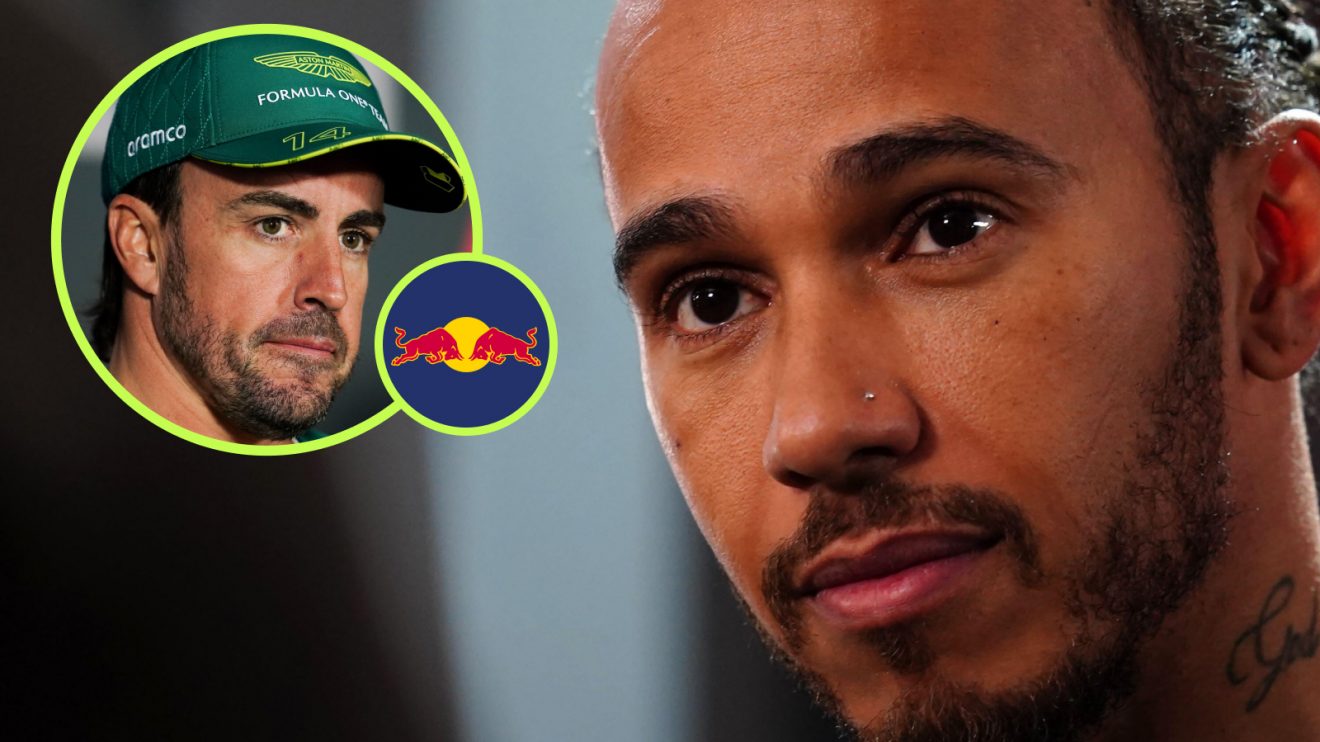 A close-up shot of Lewis Hamilton and insets of Fernando Alonso and a Red Bull logo
