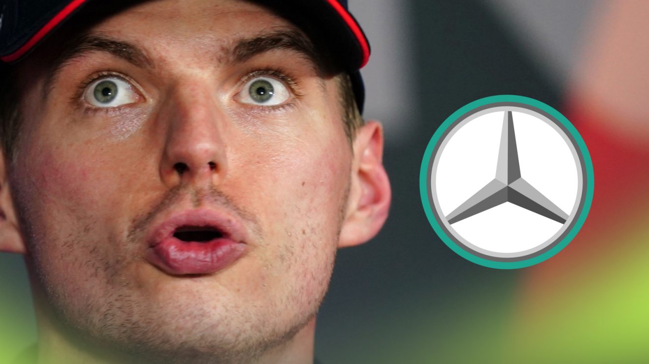 A close-up shot of a shocked Max Verstappen with a prominent Mercedes logo alongside him