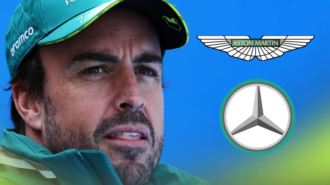 A close-up shot of Fernando Alonso and the logos of Aston Martin and Mercedes alongside him